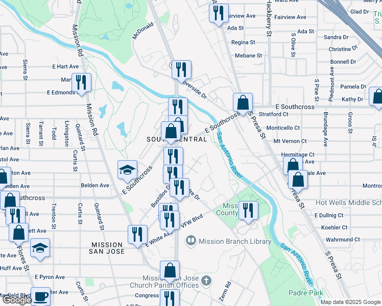 map of restaurants, bars, coffee shops, grocery stores, and more near 2900 Roosevelt Avenue in San Antonio