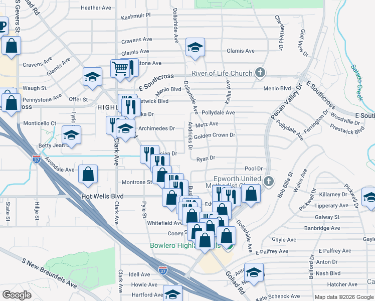 map of restaurants, bars, coffee shops, grocery stores, and more near 419 Andricks Drive in San Antonio
