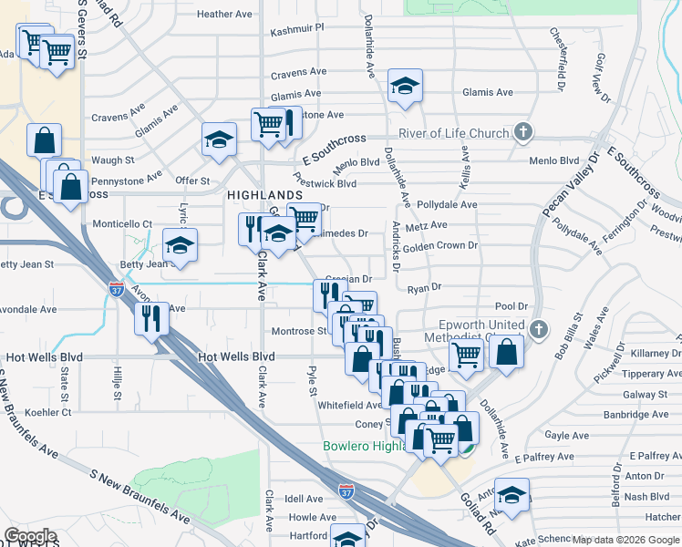 map of restaurants, bars, coffee shops, grocery stores, and more near 114 Grecian Drive in San Antonio