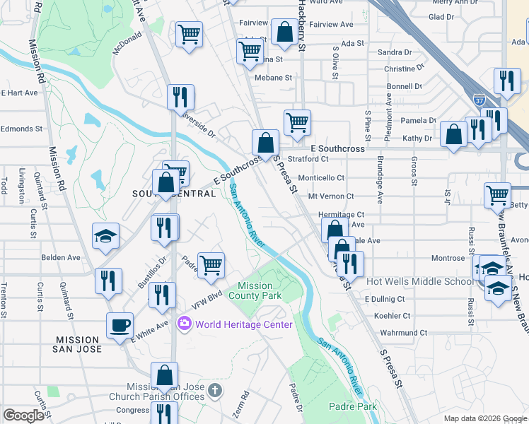 map of restaurants, bars, coffee shops, grocery stores, and more near 222 West Hermitage Court in San Antonio