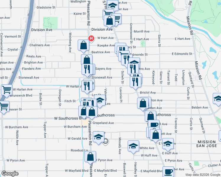 map of restaurants, bars, coffee shops, grocery stores, and more near 223 Lee Street in San Antonio