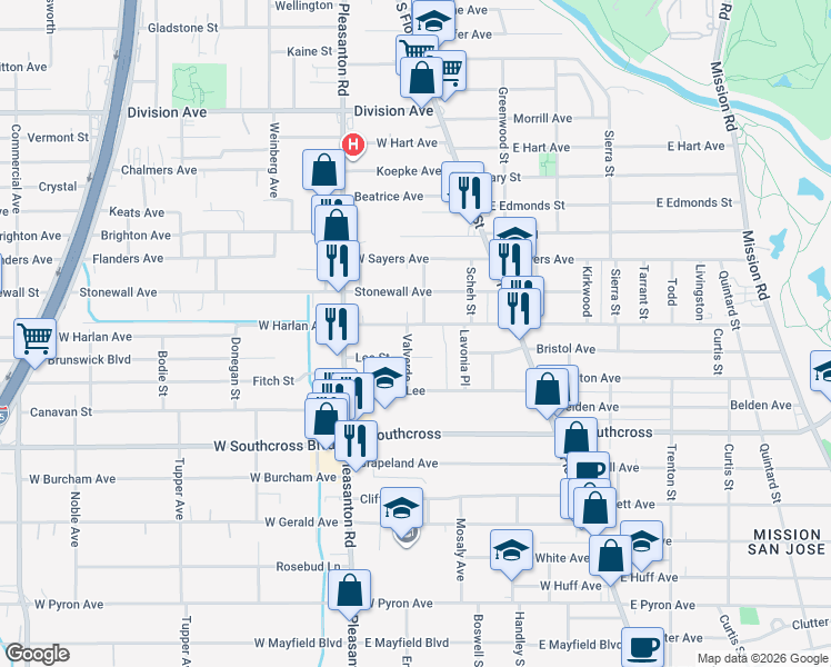 map of restaurants, bars, coffee shops, grocery stores, and more near 203 Valverde in San Antonio