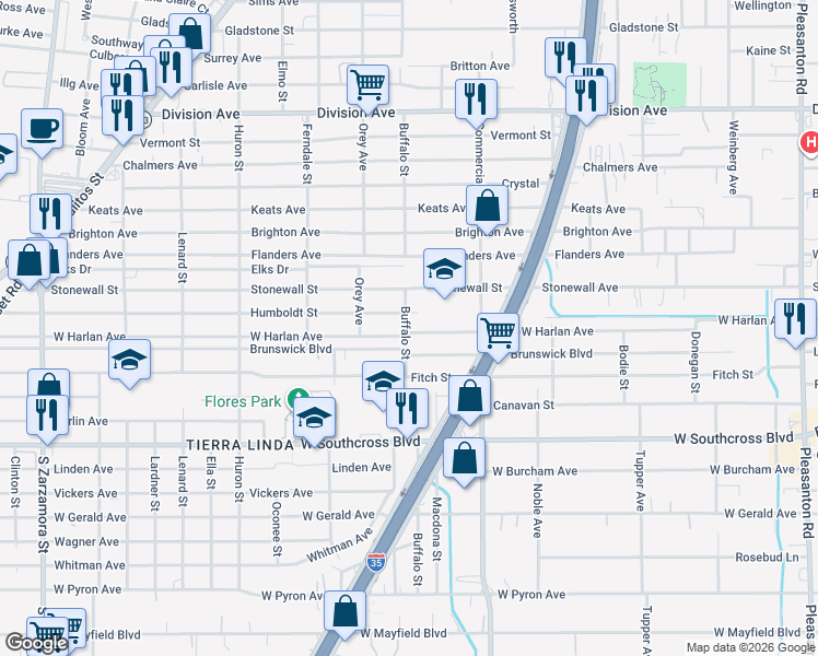 map of restaurants, bars, coffee shops, grocery stores, and more near 902 West Harlan Avenue in San Antonio