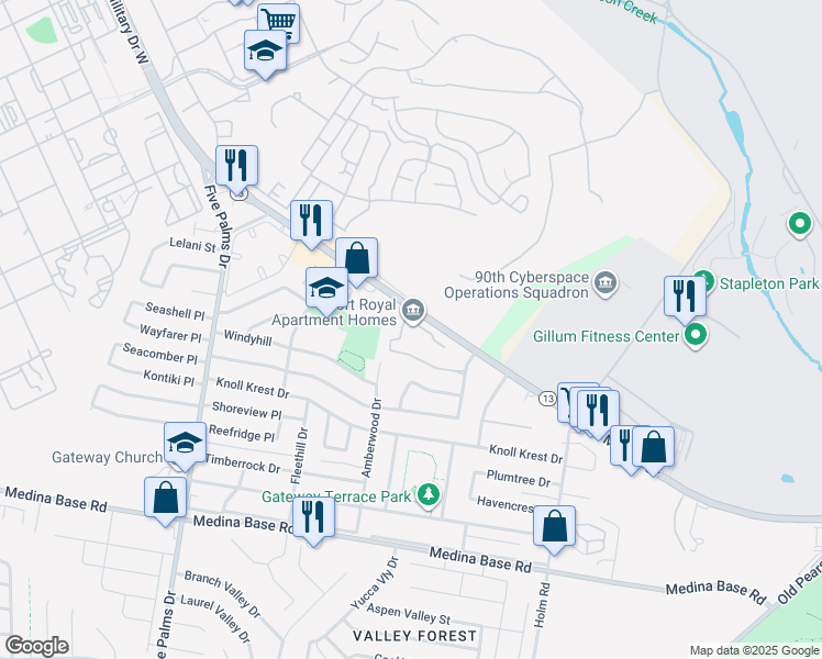 map of restaurants, bars, coffee shops, grocery stores, and more near 5350 West Military Drive in San Antonio
