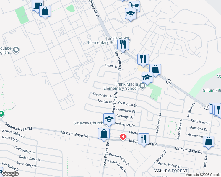 map of restaurants, bars, coffee shops, grocery stores, and more near 102 Wayfarer Place in San Antonio