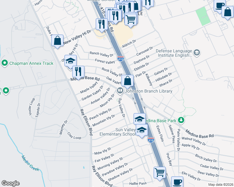 map of restaurants, bars, coffee shops, grocery stores, and more near 114 Sun Valley Drive in San Antonio