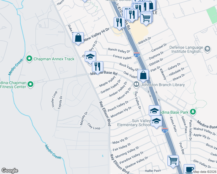 map of restaurants, bars, coffee shops, grocery stores, and more near 147 Amber Valley Drive in San Antonio