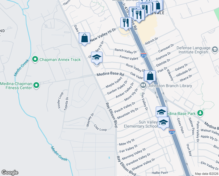 map of restaurants, bars, coffee shops, grocery stores, and more near 159 Garden Valley Street in San Antonio