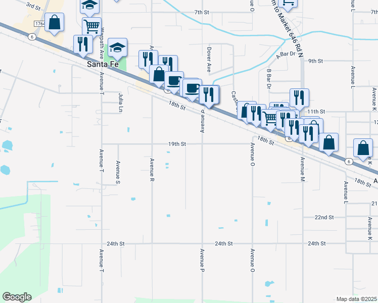 map of restaurants, bars, coffee shops, grocery stores, and more near 4818 Avenue P in Santa Fe