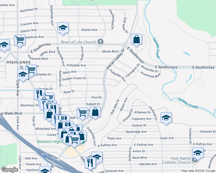 map of restaurants, bars, coffee shops, grocery stores, and more near 3314 Ryan Drive in San Antonio