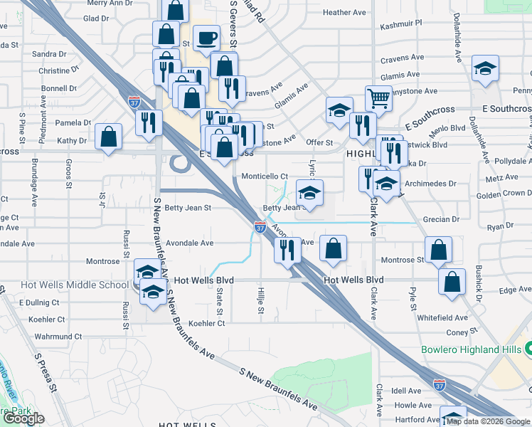 map of restaurants, bars, coffee shops, grocery stores, and more near 615 Avondale Avenue in San Antonio