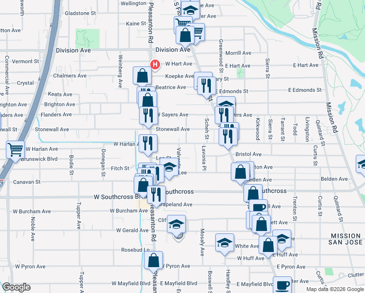 map of restaurants, bars, coffee shops, grocery stores, and more near 203 Valverde in San Antonio