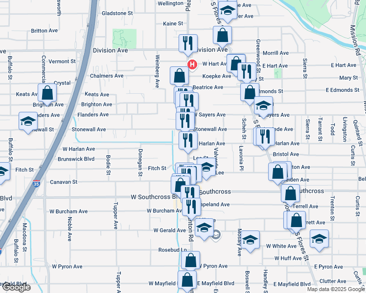 map of restaurants, bars, coffee shops, grocery stores, and more near 1219 Pleasanton Road in San Antonio