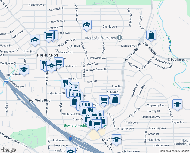 map of restaurants, bars, coffee shops, grocery stores, and more near 202 Ryan Drive in San Antonio