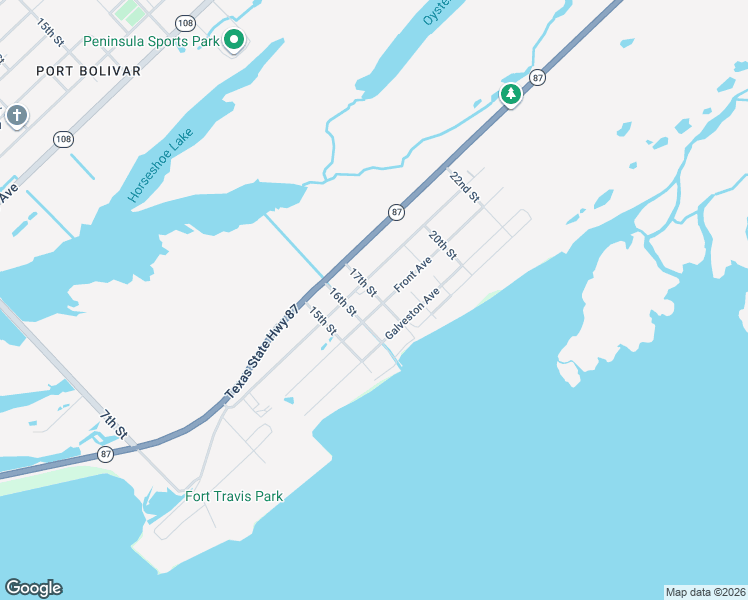 map of restaurants, bars, coffee shops, grocery stores, and more near 1603 Front Avenue in Bolivar Peninsula