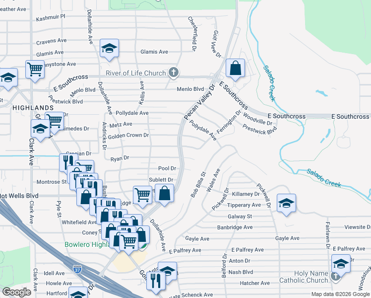 map of restaurants, bars, coffee shops, grocery stores, and more near 3314 Ryan Drive in San Antonio