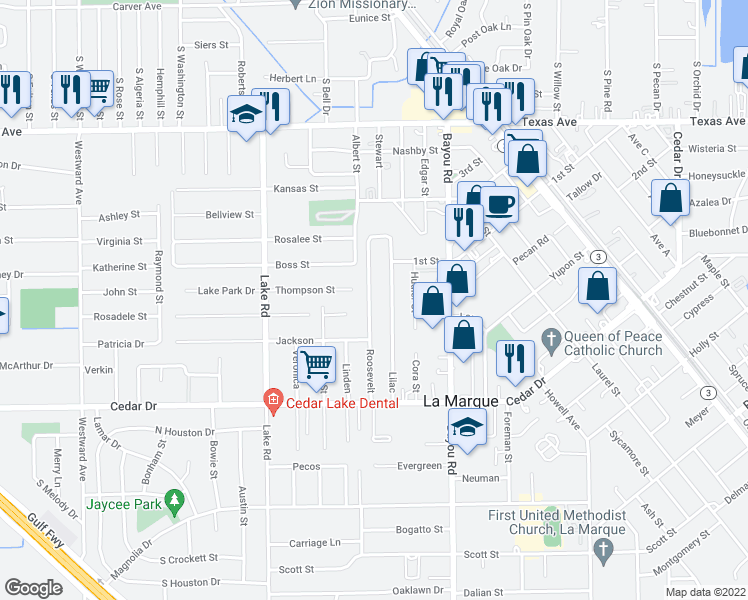 map of restaurants, bars, coffee shops, grocery stores, and more near 801 Roosevelt in La Marque