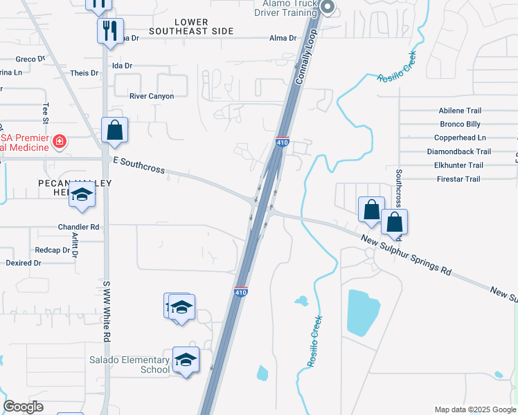 map of restaurants, bars, coffee shops, grocery stores, and more near 4848 East Southcross Boulevard in San Antonio