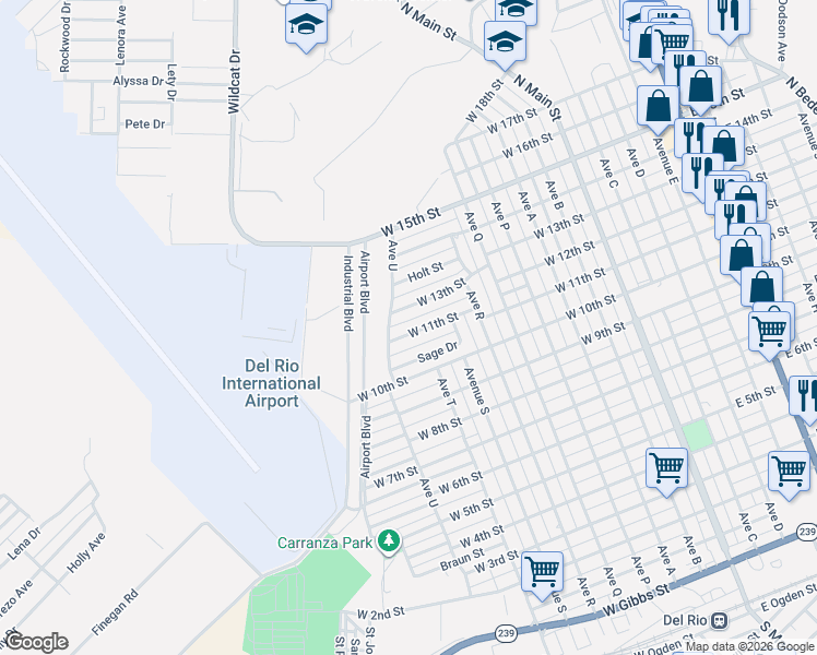map of restaurants, bars, coffee shops, grocery stores, and more near 1500-1504 Ave U in Del Rio