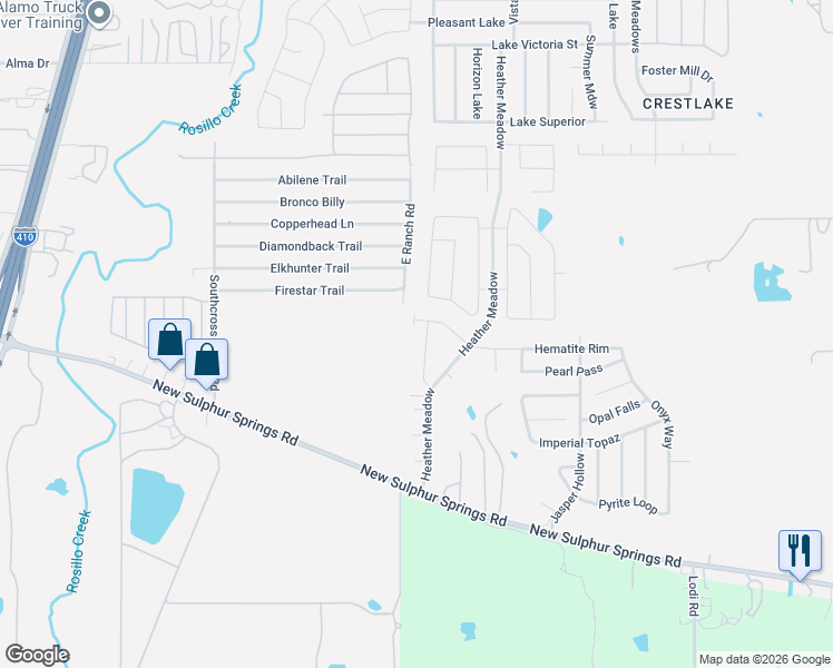 map of restaurants, bars, coffee shops, grocery stores, and more near 4838 East Ranch Road in San Antonio