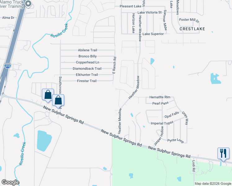 map of restaurants, bars, coffee shops, grocery stores, and more near 4838 East Ranch Road in San Antonio