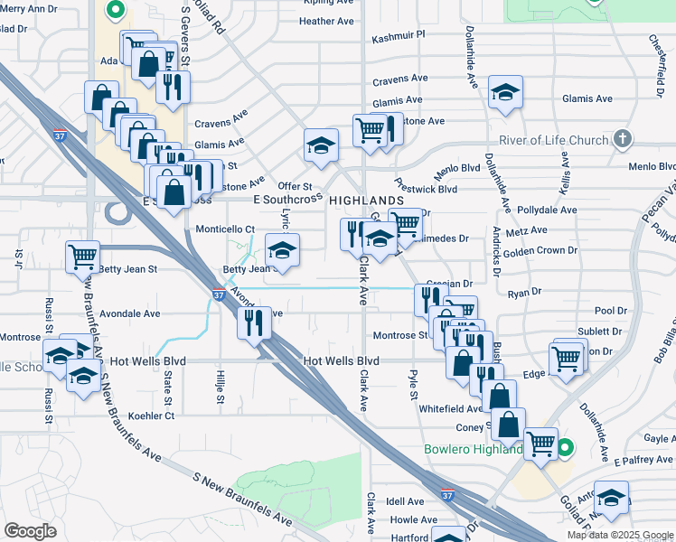 map of restaurants, bars, coffee shops, grocery stores, and more near 5302 Cynthia Linn Street in San Antonio