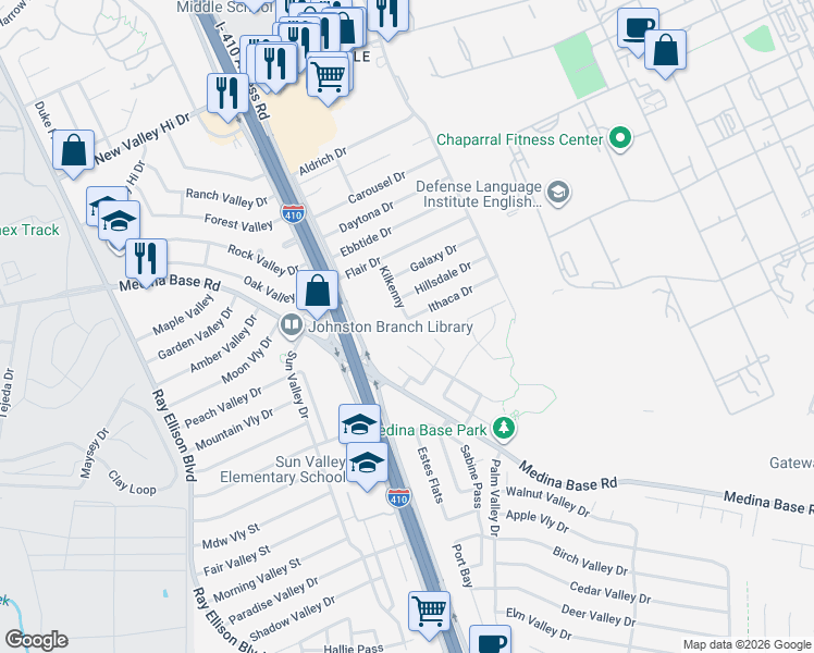map of restaurants, bars, coffee shops, grocery stores, and more near 2103 Springvale Drive in San Antonio