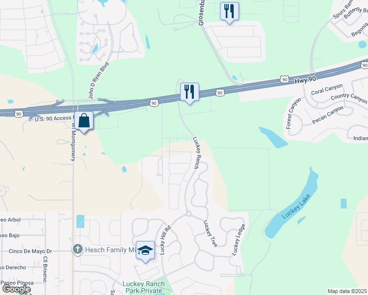 map of restaurants, bars, coffee shops, grocery stores, and more near 6002 Luckey Run in San Antonio