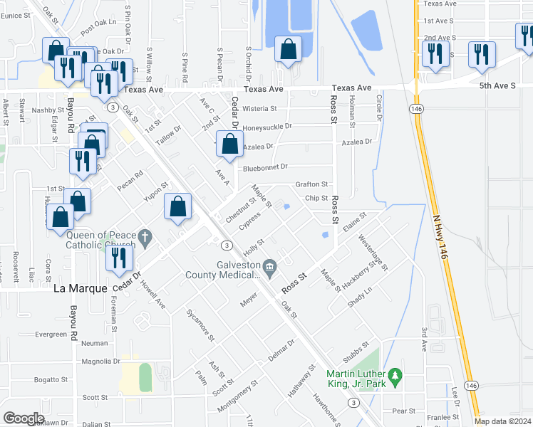 map of restaurants, bars, coffee shops, grocery stores, and more near 817 Cypress in La Marque
