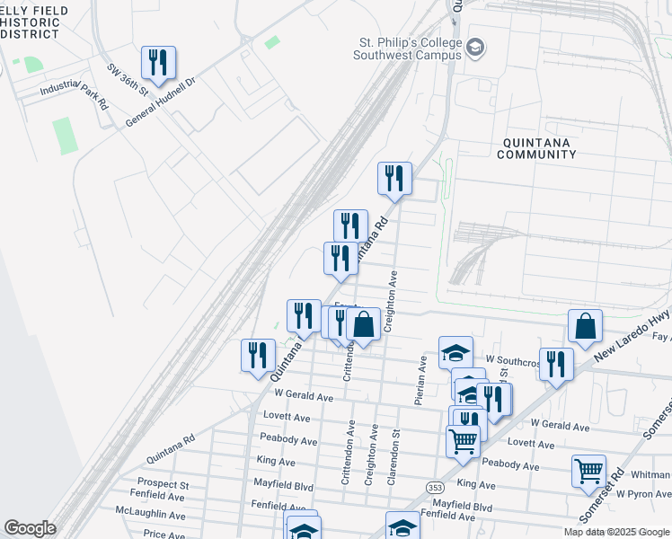 map of restaurants, bars, coffee shops, grocery stores, and more near 1715 Quintana Road in San Antonio