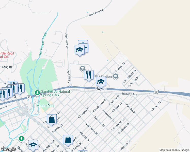 map of restaurants, bars, coffee shops, grocery stores, and more near 738 East De La Rosa Street in Del Rio
