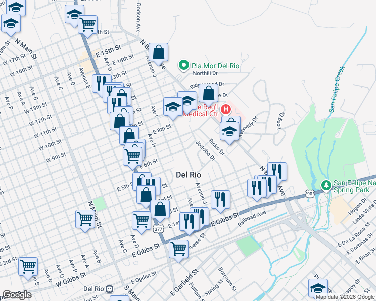 map of restaurants, bars, coffee shops, grocery stores, and more near 900 East 6th Street in Del Rio
