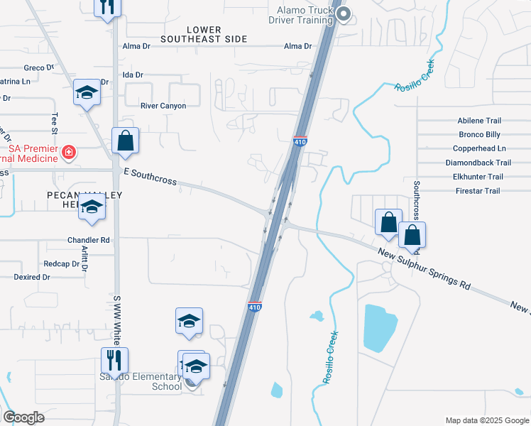 map of restaurants, bars, coffee shops, grocery stores, and more near 4848-4998 East Southcross Boulevard in San Antonio