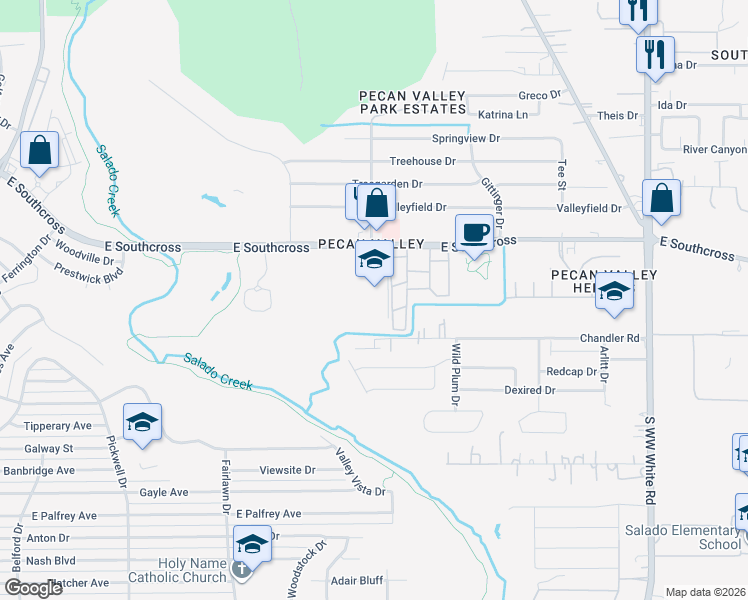map of restaurants, bars, coffee shops, grocery stores, and more near 3966 E Southcross Blvd in San Antonio