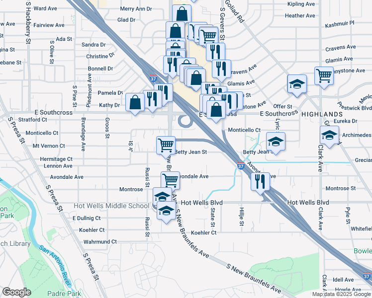 map of restaurants, bars, coffee shops, grocery stores, and more near 126 Wren Street in San Antonio