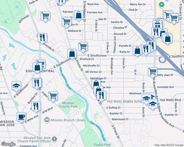 map of restaurants, bars, coffee shops, grocery stores, and more near 209 Mount Vernon Court in San Antonio