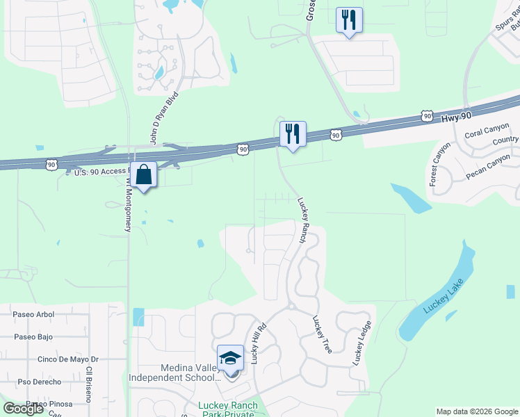map of restaurants, bars, coffee shops, grocery stores, and more near 12260 U.S. 90 Access Road in San Antonio