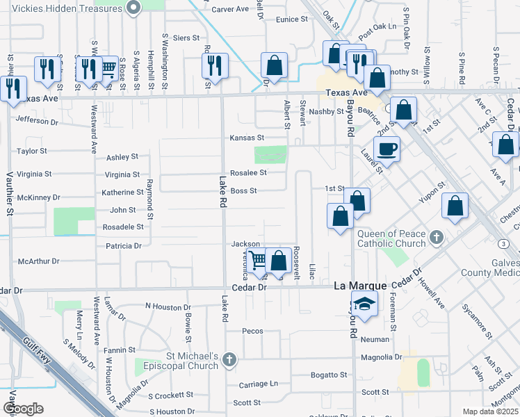 map of restaurants, bars, coffee shops, grocery stores, and more near Thompson Street in La Marque