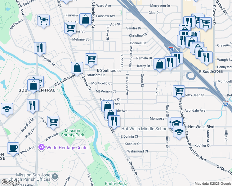 map of restaurants, bars, coffee shops, grocery stores, and more near 304 Mount Vernon Court in San Antonio
