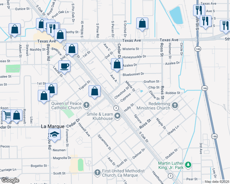 map of restaurants, bars, coffee shops, grocery stores, and more near 925 Cedar Drive in La Marque