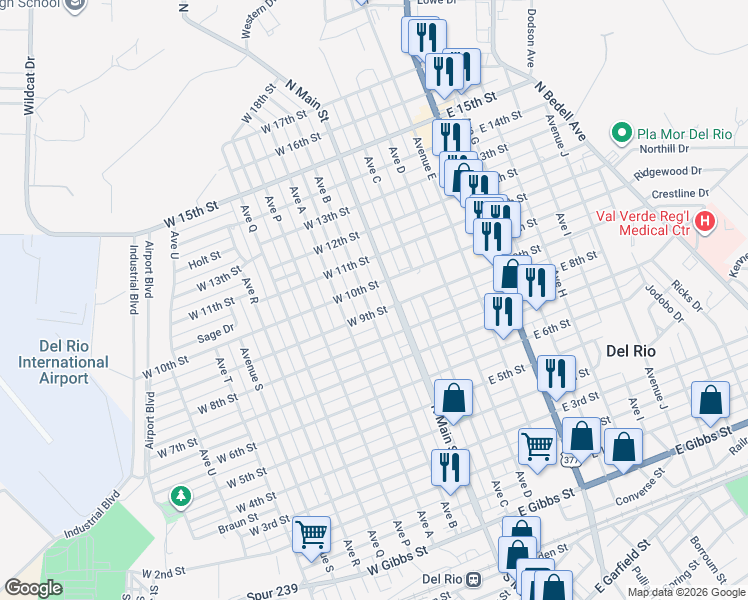 map of restaurants, bars, coffee shops, grocery stores, and more near 1106 North Main Street in Del Rio