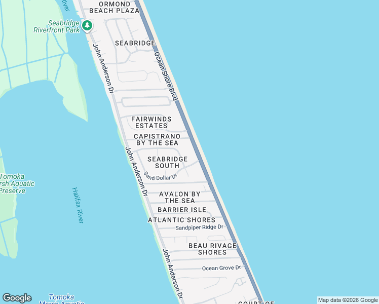 map of restaurants, bars, coffee shops, grocery stores, and more near 3180 Ocean Shore Boulevard in Ormond Beach