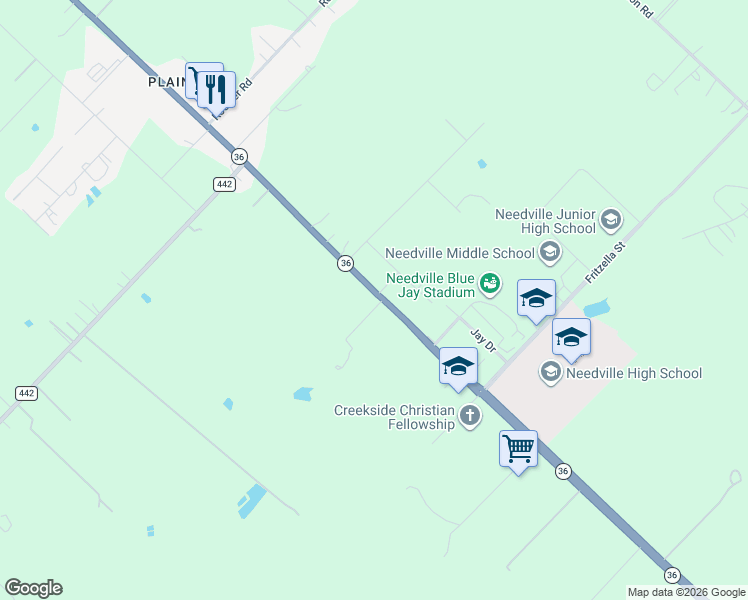 map of restaurants, bars, coffee shops, grocery stores, and more near 16042 Texas 36 in Needville