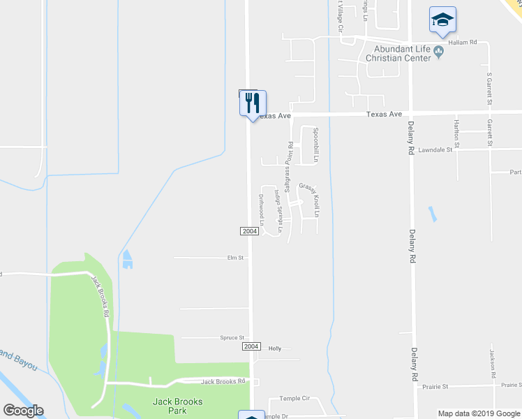 map of restaurants, bars, coffee shops, grocery stores, and more near 843 Driftwood Lane in Hitchcock