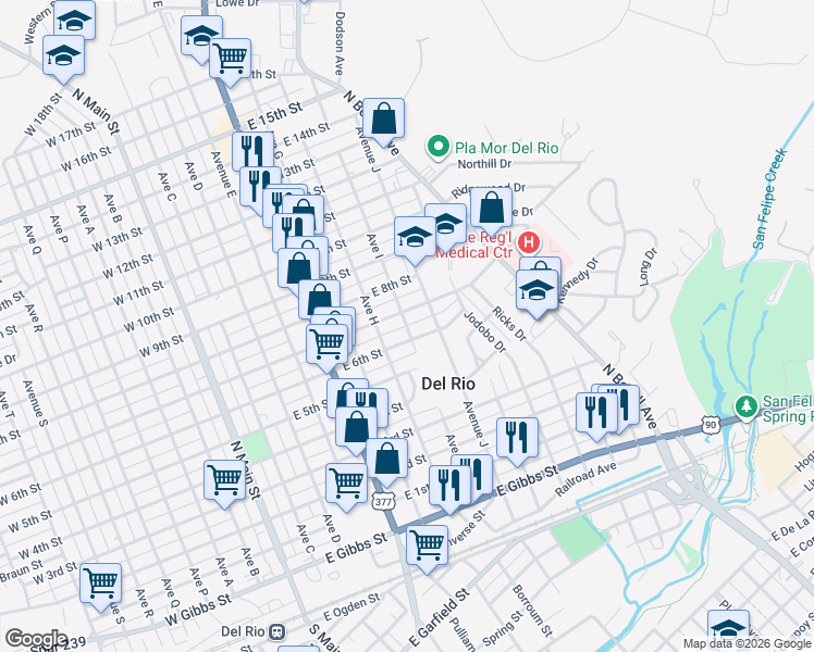 map of restaurants, bars, coffee shops, grocery stores, and more near 849 Avenue I in Del Rio
