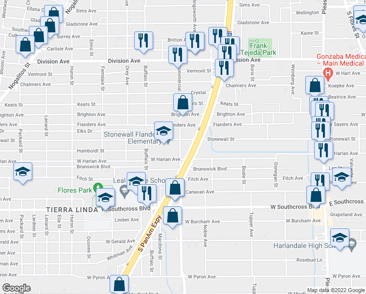 map of restaurants, bars, coffee shops, grocery stores, and more near 1018 Commercial Avenue in San Antonio