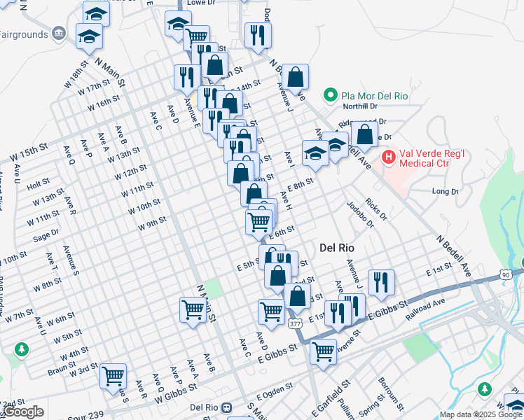 map of restaurants, bars, coffee shops, grocery stores, and more near 903 Veterans Boulevard in Del Rio