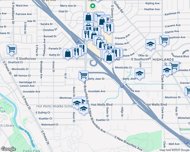 map of restaurants, bars, coffee shops, grocery stores, and more near 126 Wren Street in San Antonio