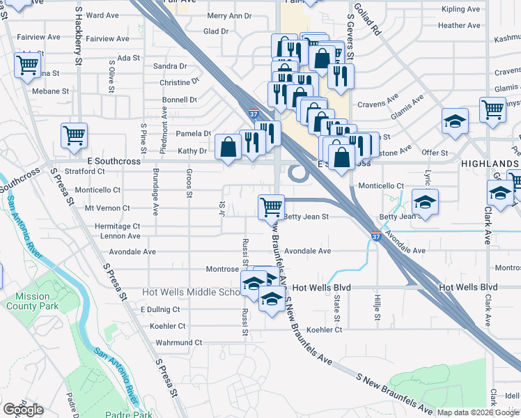 map of restaurants, bars, coffee shops, grocery stores, and more near 201 Betty Jean Street in San Antonio
