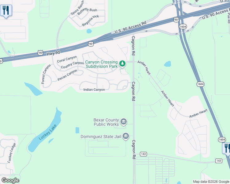 map of restaurants, bars, coffee shops, grocery stores, and more near 11102 Indian Canyon in San Antonio